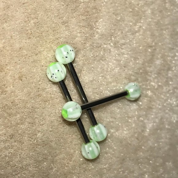 14 Gauge Clear, Green and White Glitter Star Design Tongue Ring - Picture 2 of 4